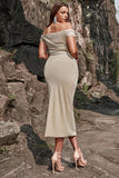 Ivory A Line Sheath Off the Shoulder Tea Length Plus Size Bridesmaid Dress