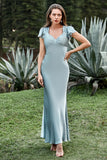 Grey Blue Mermaid V Neck Satin Simple Bridesmiad Dress with Ruffles