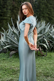 Grey Blue Mermaid V Neck Satin Simple Bridesmiad Dress with Ruffles