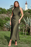 Olive Sheath Cowl Neck Tea Length Plus Size Bridesmaid Dress with Open Back