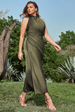 Olive Sheath Cowl Neck Tea Length Plus Size Bridesmaid Dress with Open Back