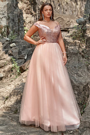 Blush A Line V Neck Off The Shoulder Sequin Plus Size Wedding Party Dress