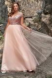 Blush A Line V Neck Off The Shoulder Sequin Plus Size Wedding Party Dress