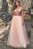 Blush A Line V Neck Off The Shoulder Sequin Plus Size Wedding Party Dress