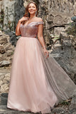 Blush A Line V Neck Off The Shoulder Sequin Plus Size Wedding Party Dress