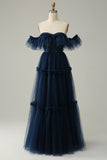 Navy A-Line Off the Shoulder Sweetheart Tulle Long Prom Dress