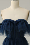 Navy A-Line Off the Shoulder Sweetheart Tulle Long Prom Dress