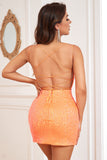 Orange Spaghetti Straps Sparkly Sequins Tight Short Homecoming Dress