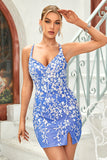 Blue Bodycon Spaghetti Straps Homecoming Dress with Appliques