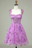 Cute Purple A Line Corset Short Homecoming Dress with Appliques