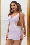 Lilac Sparkly Open Back Sequins Tight Short Homecoming Dress