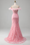 Sparkly Pink Mermaid Off the Shoulder Feathers Corset Prom Dress With Slit