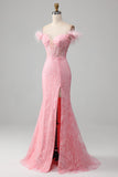 Sparkly Pink Mermaid Off the Shoulder Feathers Corset Prom Dress With Slit