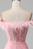 Sparkly Pink Mermaid Off the Shoulder Feathers Corset Prom Dress With Slit