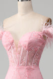 Sparkly Pink Mermaid Off the Shoulder Feathers Corset Prom Dress With Slit