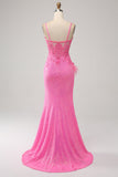 Trendy Pink Mermaid Spaghetti Straps Sequins Long Prom Dress with Appliques