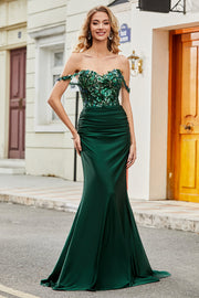 Sparkly Dark Green Mermaid Off The Shoulder Long Prom Dress with Ruffles