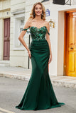 Sparkly Dark Green Mermaid Off The Shoulder Long Prom Dress with Ruffles