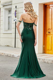 Sparkly Dark Green Mermaid Off The Shoulder Long Prom Dress with Ruffles