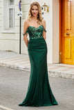 Sparkly Dark Green Mermaid Off The Shoulder Long Prom Dress with Ruffles