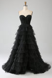 Glitter A-Line Sweetheart Tiered Tulle Corset Long Black Prom Dress with Slit