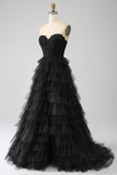 Glitter A-Line Sweetheart Tiered Tulle Corset Long Black Prom Dress with Slit