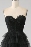 Glitter A-Line Sweetheart Tiered Tulle Corset Long Black Prom Dress with Slit