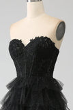 Glitter A-Line Sweetheart Tiered Tulle Corset Long Black Prom Dress with Slit