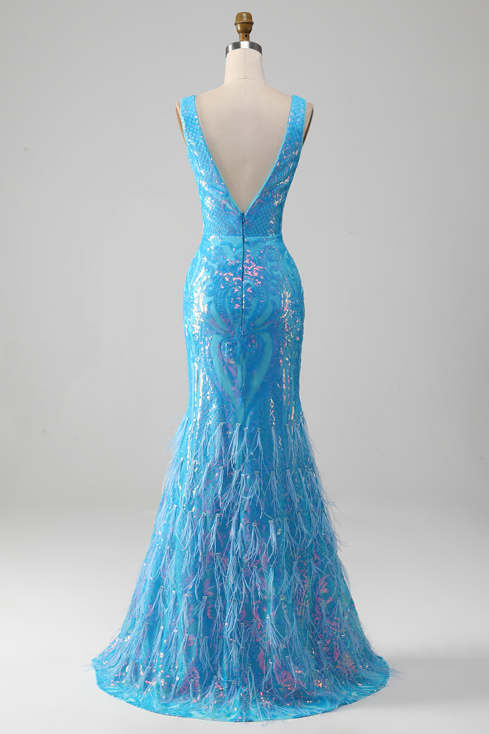 Sparkly Blue Mermaid V-Neck Long Feather Prom Dress With Slit