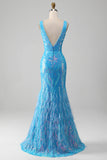 Sparkly Blue Mermaid V-Neck Long Feather Prom Dress With Slit