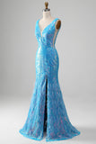 Sparkly Blue Mermaid V-Neck Long Feather Prom Dress With Slit