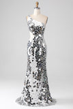 Silver Mirror One Shoulder Sequins Hollow-out Long Prom Dress