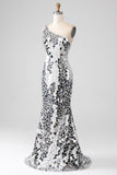 Silver Mirror One Shoulder Sequins Hollow-out Long Prom Dress