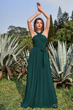 A-Line Halter Floor-Length Pine Chiffon Bridesmaid Dress