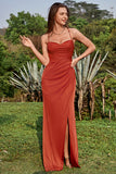 Mermaid Spaghetti Straps Floor-Length Rust Satin Bridesmaid Dress with Split Front