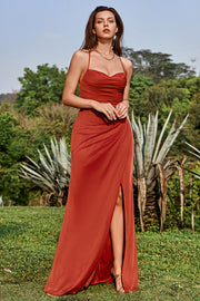 Mermaid Spaghetti Straps Floor-Length Rust Satin Bridesmaid Dress with Split Front