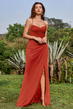 Mermaid Spaghetti Straps Floor-Length Rust Satin Bridesmaid Dress with Split Front