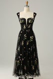 Black A Line Sweetheart Tea Length Wedding Party Formal Dress with Embroidery