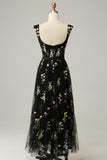Black A Line Sweetheart Tea Length Wedding Party Formal Dress with Embroidery