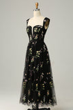 Black A Line Sweetheart Tea Length Wedding Party Formal Dress with Embroidery
