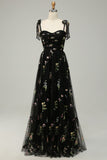 Black A Line Spaghetti Straps Long Prom Dress with Embroidery