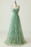 Green A Line Spaghetti Straps Tulle Prom Dress With Embroidery