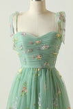 Grey Blue A Line Spaghetti Straps Tulle Formal Party Dress With Embroidery
