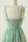 Grey Blue A Line Spaghetti Straps Tulle Formal Party Dress With Embroidery
