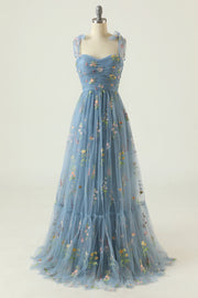 Grey Blue A Line Spaghetti Straps Tulle Formal Party Dress With Embroidery