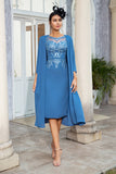 Grey Blue Two Piece Midi-Length Mother of the Bride Dress with Lace