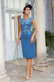 Grey Blue Two Piece Midi-Length Mother of the Bride Dress with Lace