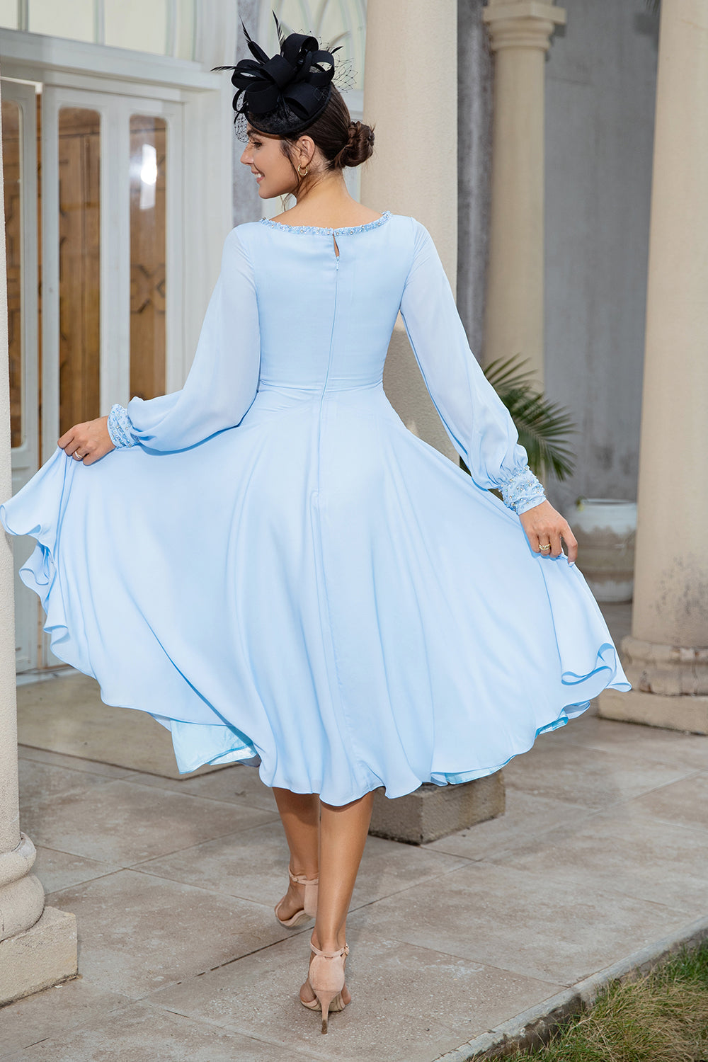 Sky Blue A-Line Chiffon Mother of the Bride Dress With Long Sleeves