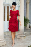 Dark Red Two Piece Midi-Length Mother of the Bride Dress with Lace