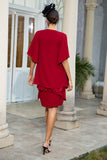 Dark Red Two Piece Midi-Length Mother of the Bride Dress with Lace